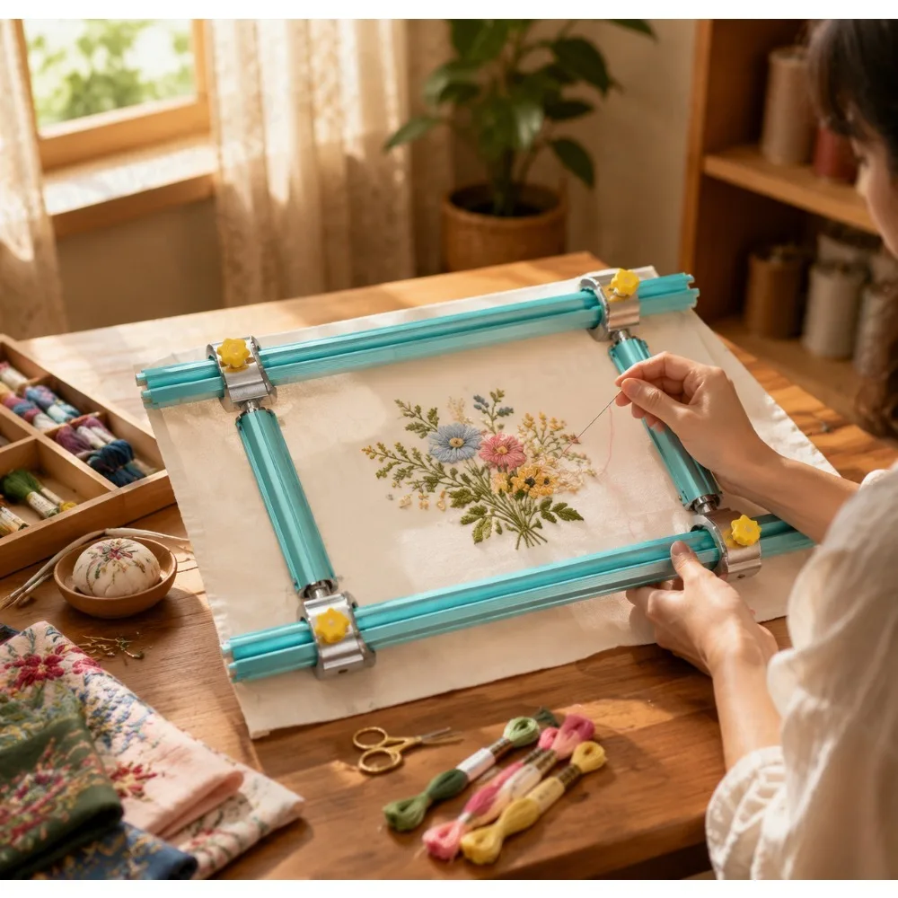 Heavy Duty Slider M Frame Cross Stitch Stand Thickened Aluminum Adjustable Embroidery Holder for Sewing Portable Teal Blue