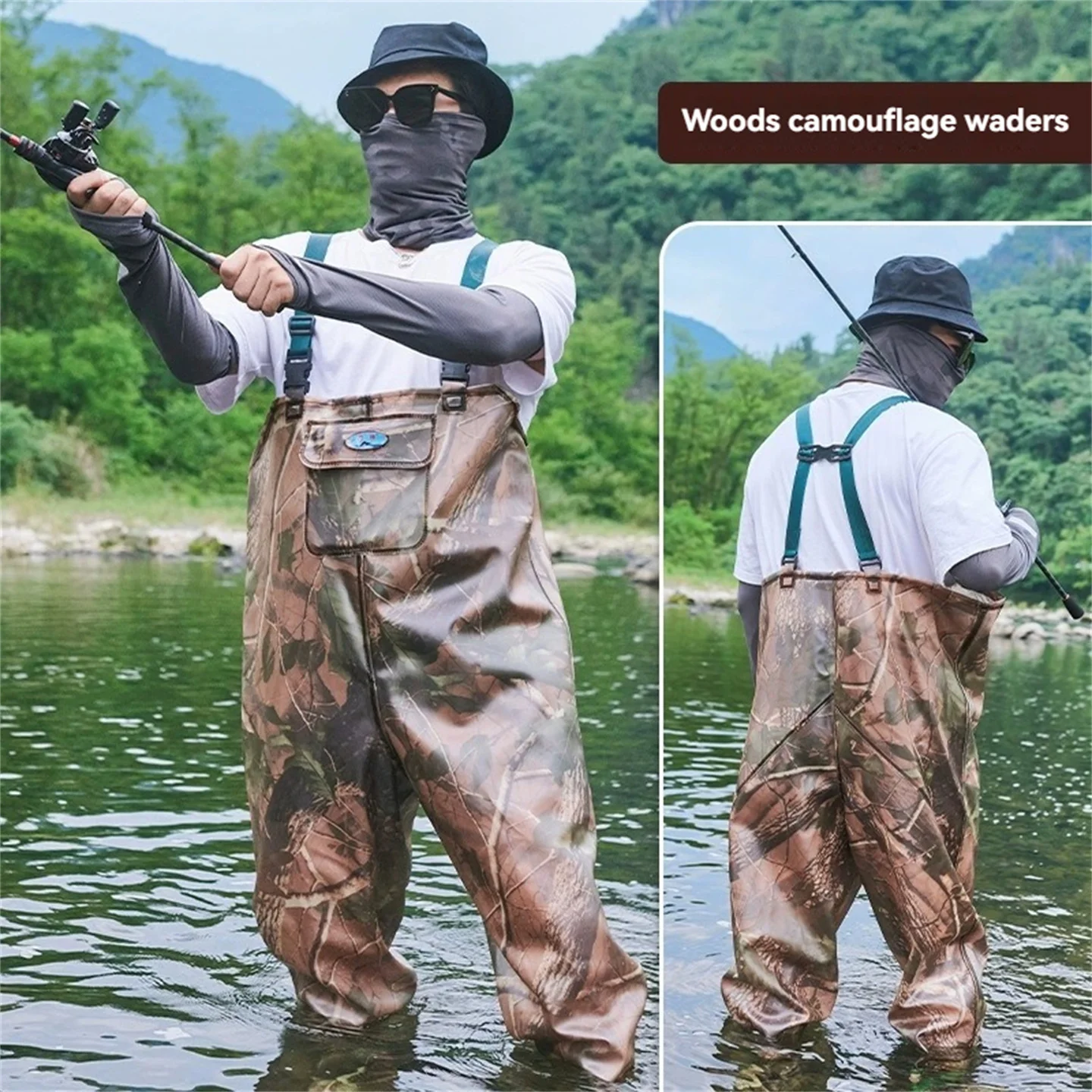 Big Leaf Camouflage PVC Fishing Wading Pants with Boots - Waterproof Seamless Chest Waders for Hunting And Comfortable Overalls