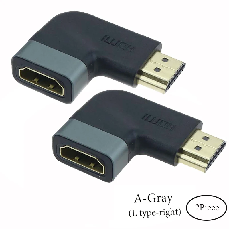 ตัวแปลง HDMI ตัวเมียเป็นตัวผู้ขั้วต่ออะแดปเตอร์ปลั๊กแบบโค้งงอขวาสีเทา/ซ้ายสีเงิน