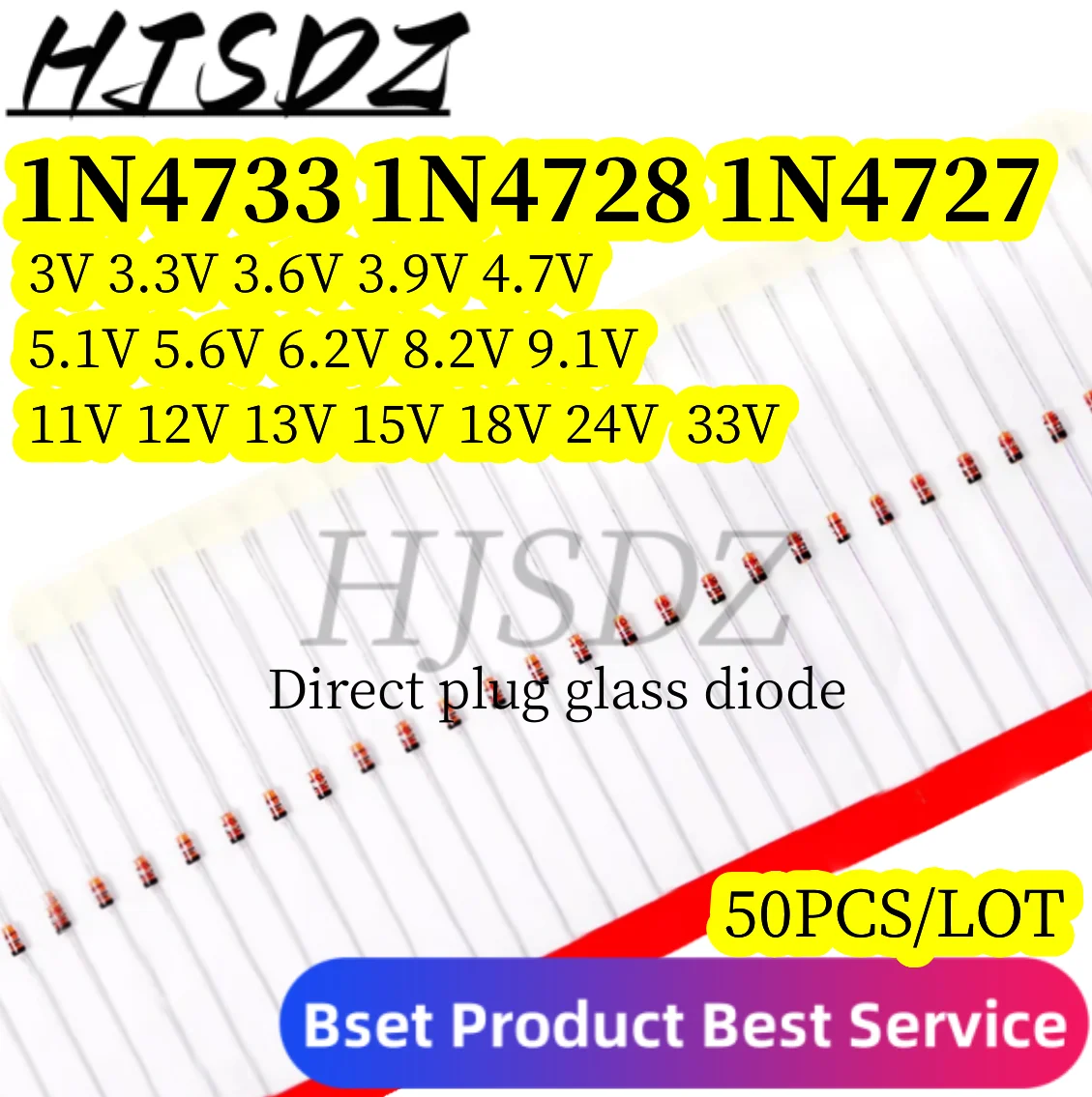 Spot shipment Direct plug glass diode 1N4733 voltage regulator tube 【50PCS/LOT】4728 4727 3.3 3V5V6V10V12V15V16V24