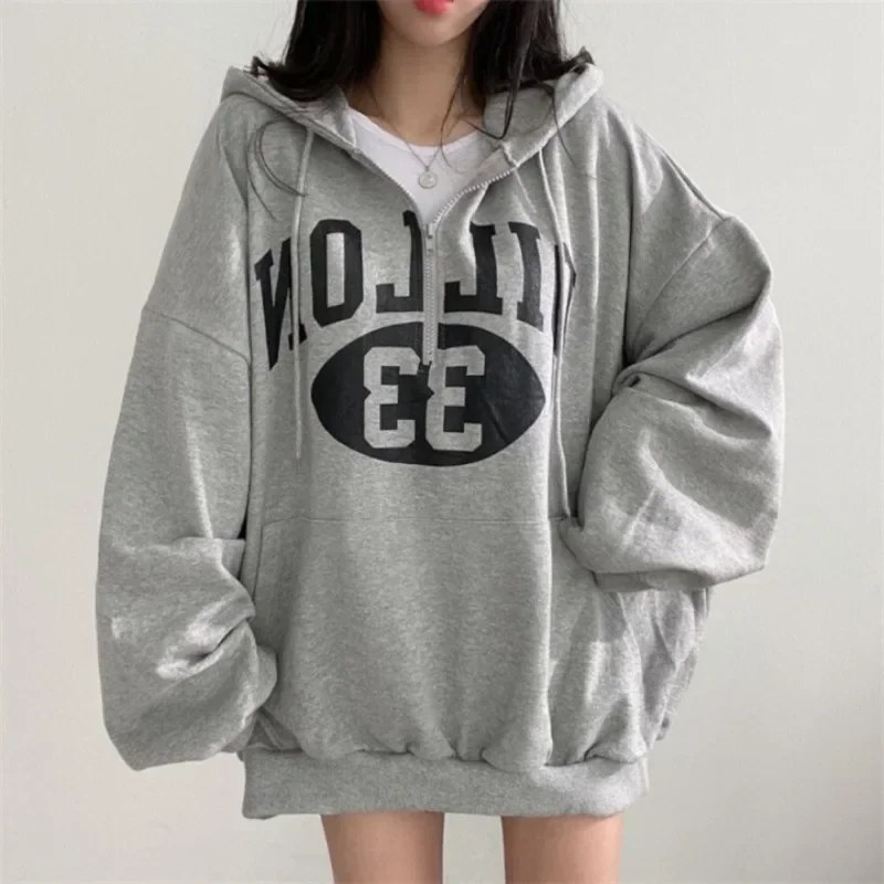 

Korean Hip Hop Zip Up Oversized Hoodies Women Harajuku Hoodie Letter Print Sweatshirts Gray Vintage Loose Spring Autumn Tops Y2k