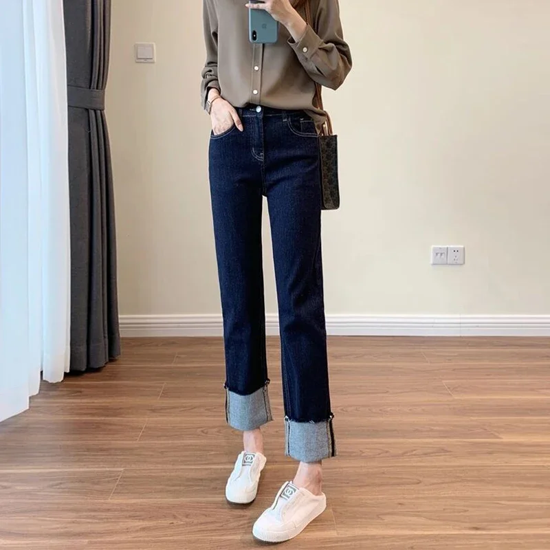 

Y2k Женские джинсы Грушевидные брюки Прямые джинсы Женские осенние новые большие размеры Толстые мм эластичные тонкие брюки-дудочки с высокой талией