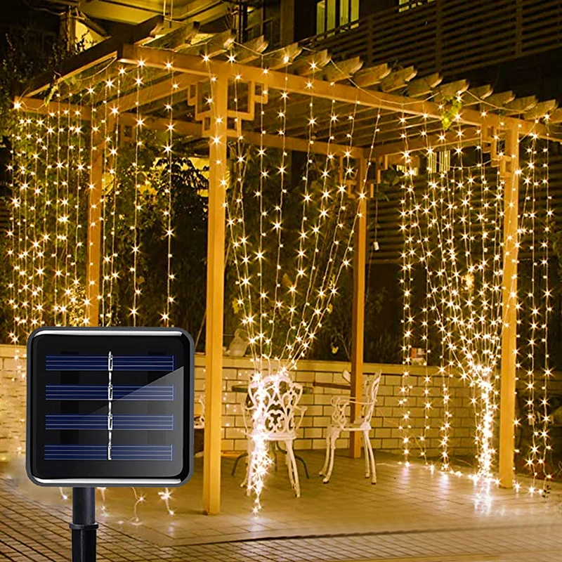 New 3*3 M Pvc Copper Wire Curtain Light Decoration Led Eight Function Solar Star Ice Strip Light