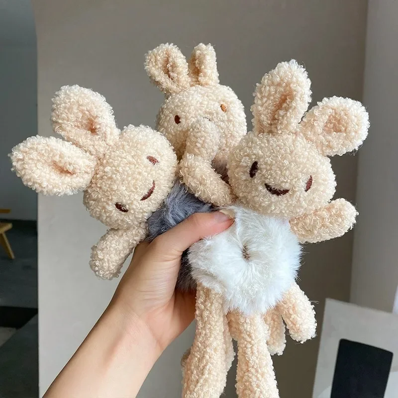 Winter Ponytail Ties Solid Color Scrunchie for Women Girl Plush Cute Rabbit Elastic Rubber Bands Headwear Chouchou Cheveux Femme