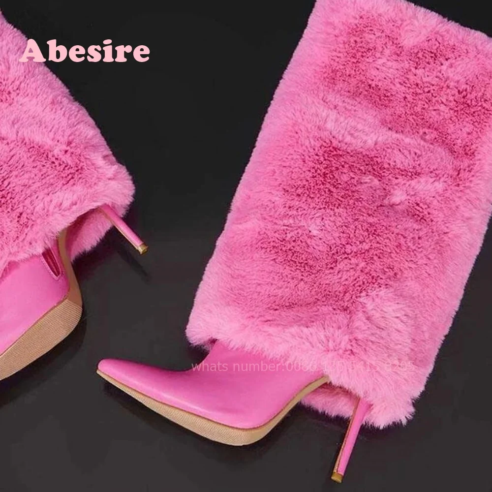 

Розовые складные ботинки до середины икры из искусственного меха с острым носком на шпильке, плюшевые зимние женские ботинки, элегантная повседневная обувь для подиума, мягкая одежда