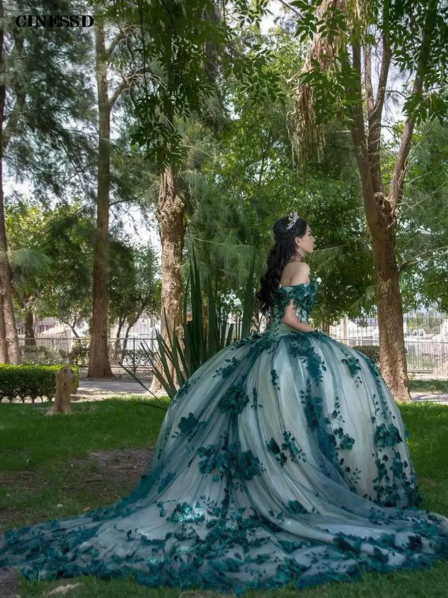 Роскошные изумрудно-зеленые платья для Quinceanera 2023 бальное платье с цветочной аппликацией с кристаллами милые платья на шнуровке для дня рождения на заказ