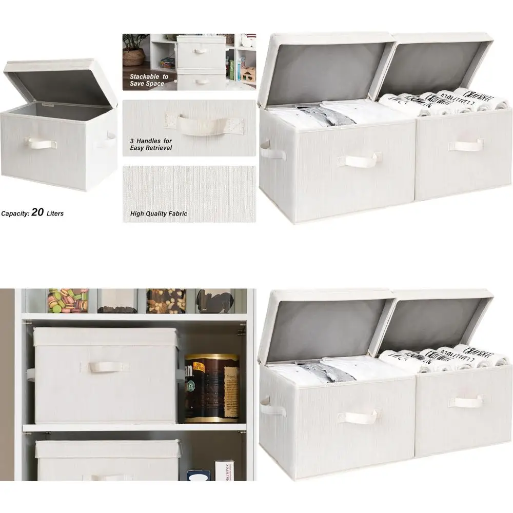 

Складные декоративные контейнеры для хранения с крышками для полок, бежевые, белые и цвета слоновой кости, набор из 2 больших органайзеров