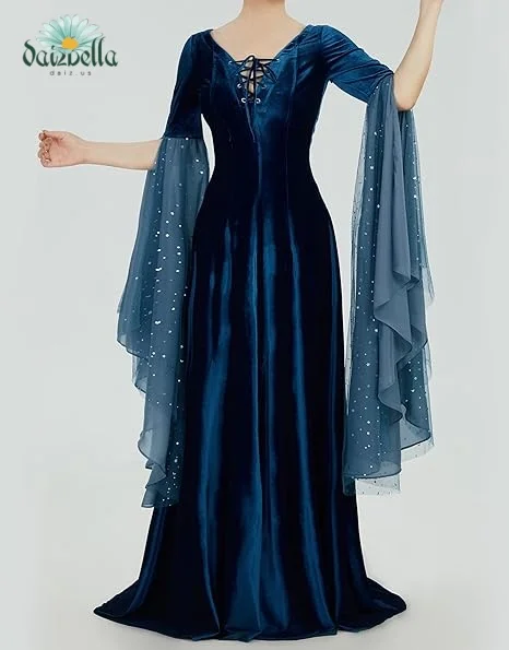 MEOWCOS Halloween Medieval Renaissance Costume Historical Retro Celtic Fairy Velvet Gown V-neck Lace-up Long Sleeves Dress