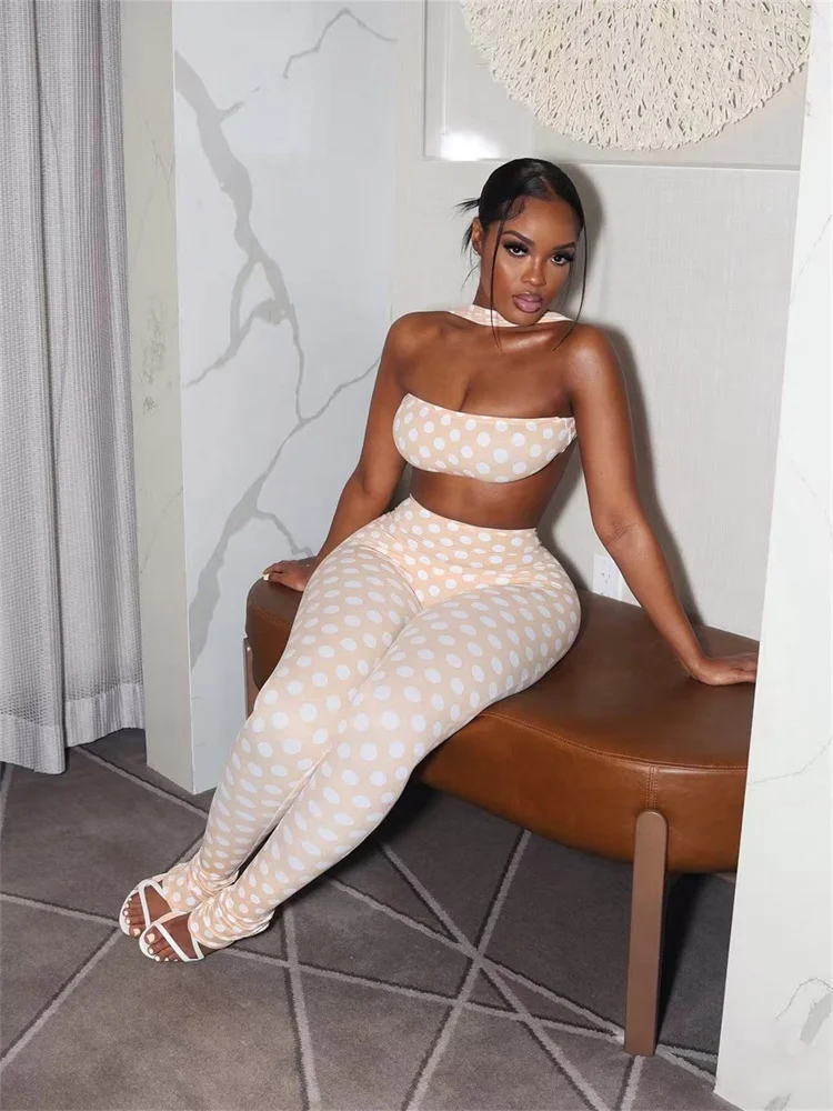 Raar Puss Hottie Polka Dot 2-delige set Dames Halter Borst gewikkeld Backless Top + Ruches Perzik Hippe Broek Stretch Skinny Clubwear