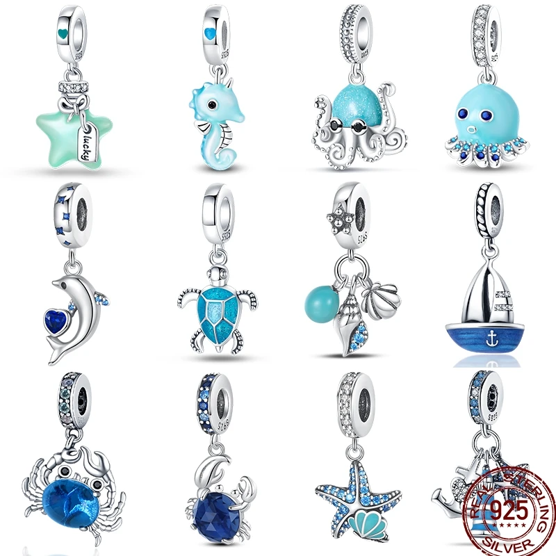 925 srebro delfin krab plaża ocean wakacje Charms koralik Fit Pan oryginalne bransoletki DIY świąteczna biżuteria na prezent