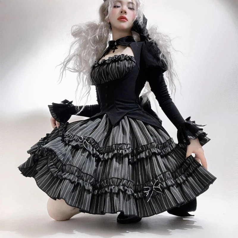 Vintage Gothic Lolita Dress Sets Women Halloween Duke Cosplay Costumes Harajuku Y2k Party Mini Dresses Punk Dark Stripe 2025