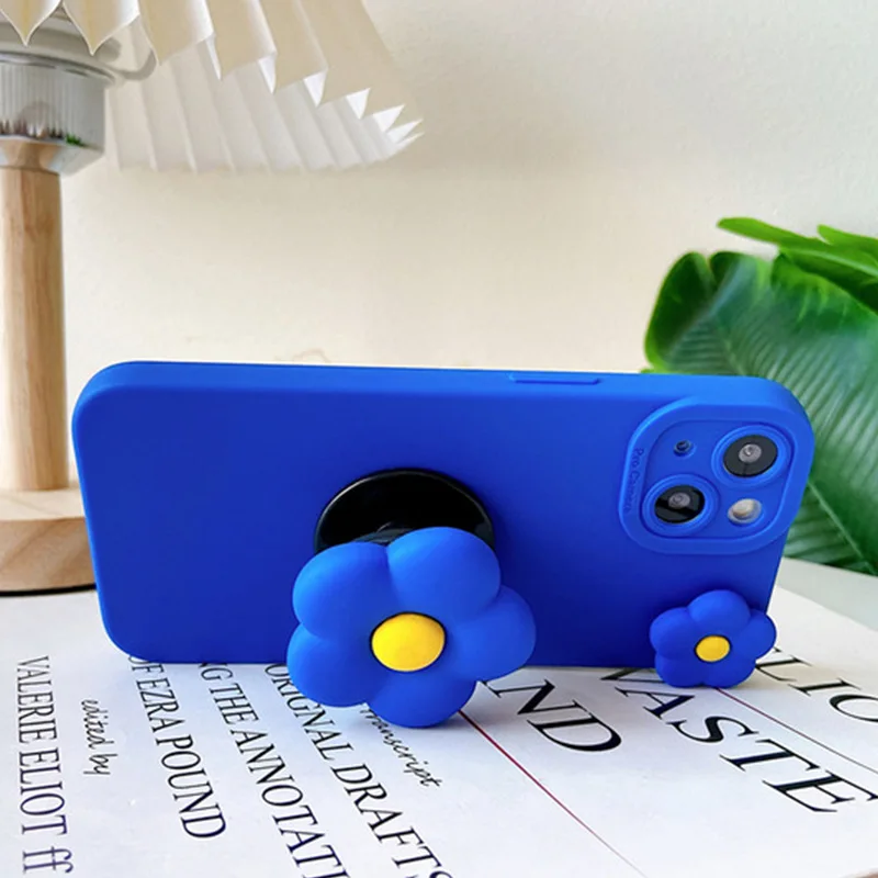 Korea 3D Flower Holder Stand Cover for Xiaomi Redmi Note 5 6 7S 8T 9S 9T 9 Pro Max 10S 10T Protective Soft Klein Blue TPU Case