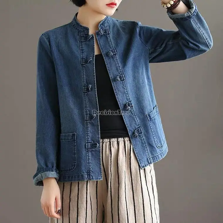 2021 spring/summer chinese vintage ethnic style disc buckle stand collar casual denim long sleeve chinese jacket size s-5xl g991