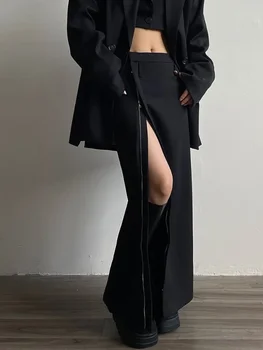 ADAgirl Sexy Zipper Split Out Black Skirt High Street Solid High Waist Long Skirts for Women Club Party Streetwear Fashion Trend