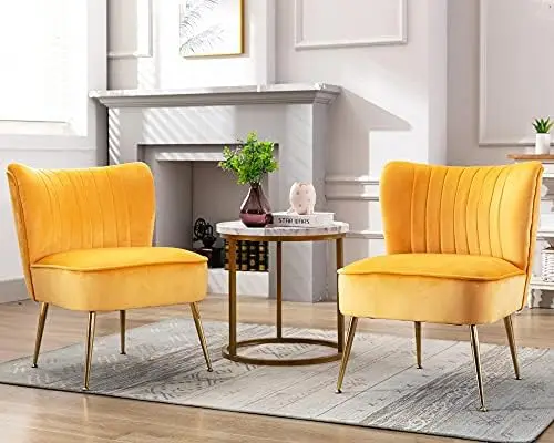 

Velvet Accent Chair Set of 2, Yellow Wingback Sofa Chair with Legs for Living Room or Bedroom