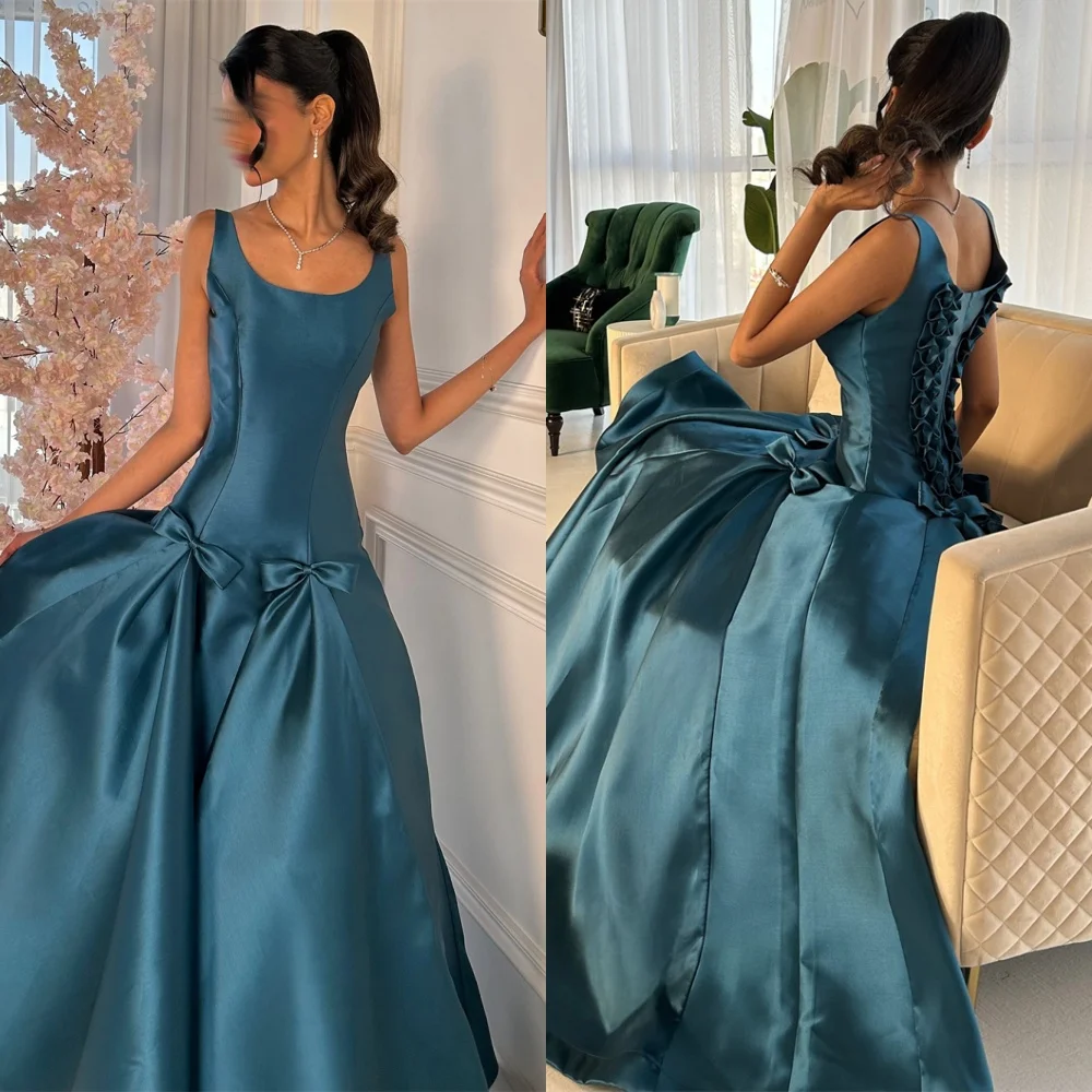Vestidos de noche de satén brillantes personalizados, exquisitos vestidos de fiesta sin mangas sin tirantes, vestidos para ocasiones especiales con lazo a la moda