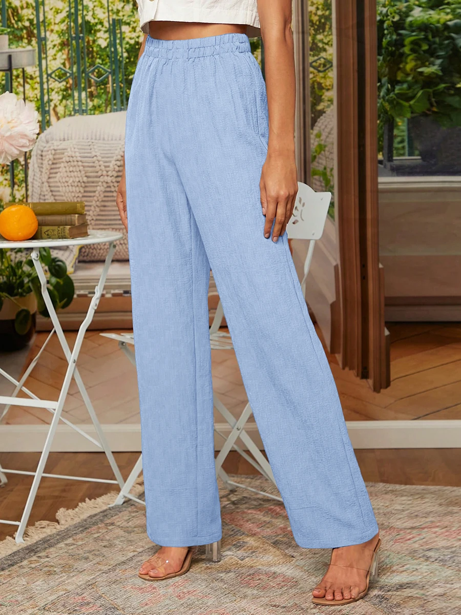 Women Casual Loose Wide Leg Pants Elastic High Waist Long Trousers Solid Sky Blue Soft Comfy Beach Summer Style 2026 Outfits
