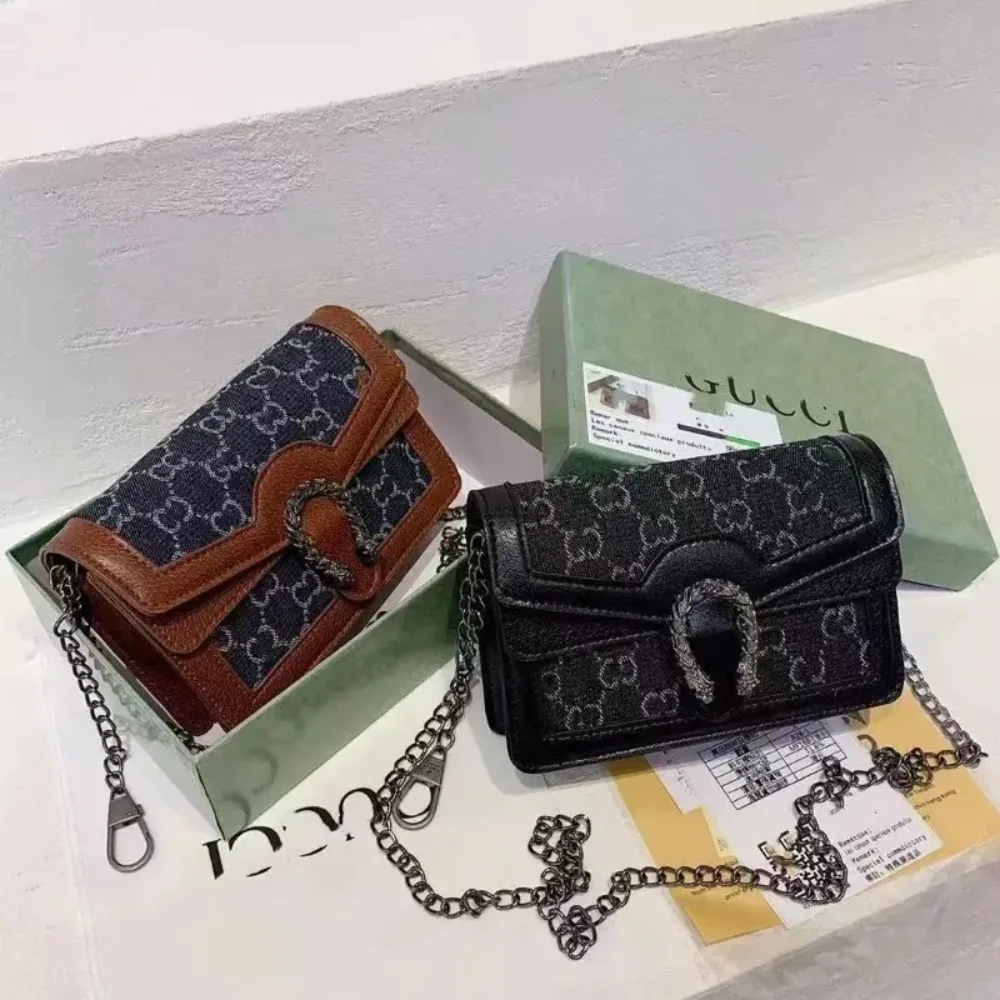 Women Dionysus Style Mini Crossbody Mini Bag Denim GG Pattern Purse with Crystal Buckle Chain Strap Wallet Bag Multi Colors
