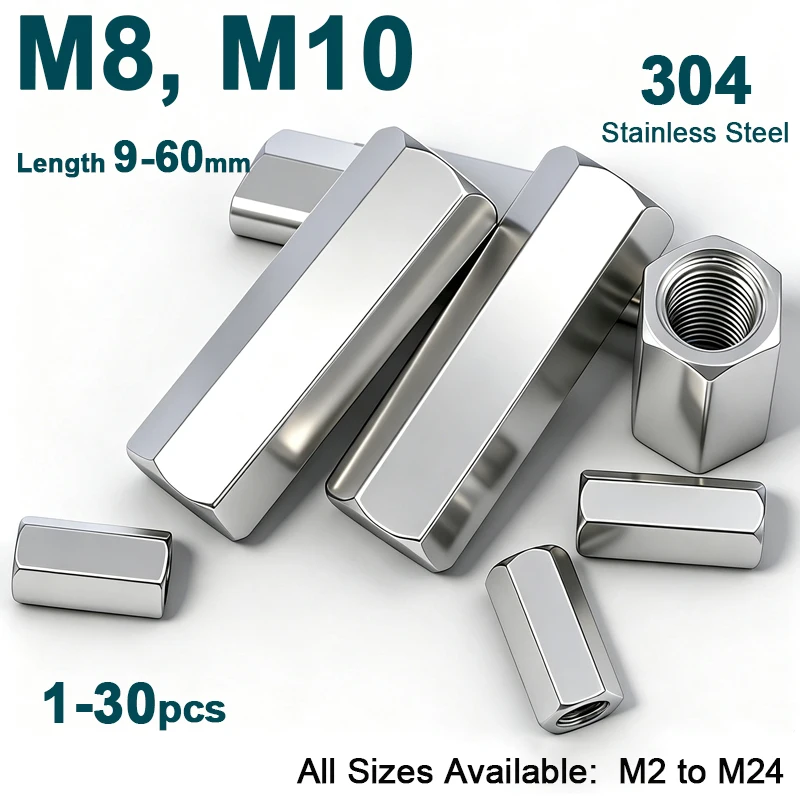 1‑10Pc 304 Stainless Steel Long Hex Coupling Nuts Through‑Hole Hex Standoff Connector Pillars for PCB Motherboard Bracket M8‑M10