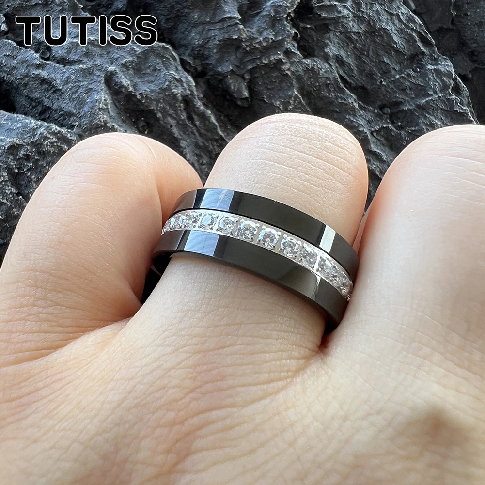 TUTISS 8mm Pipe Cut CZ Stone Inlay Black Tungsten Carbide Ring for Men Women Eternity Fashion Engagement Wedding Band
