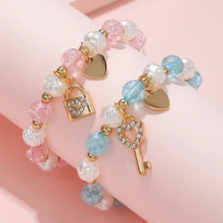 2pcs/set Handmade Key Lock Heart Charm Stretch Beads Bracelet for Girls Friendship Party Birthday Jewelry Gift