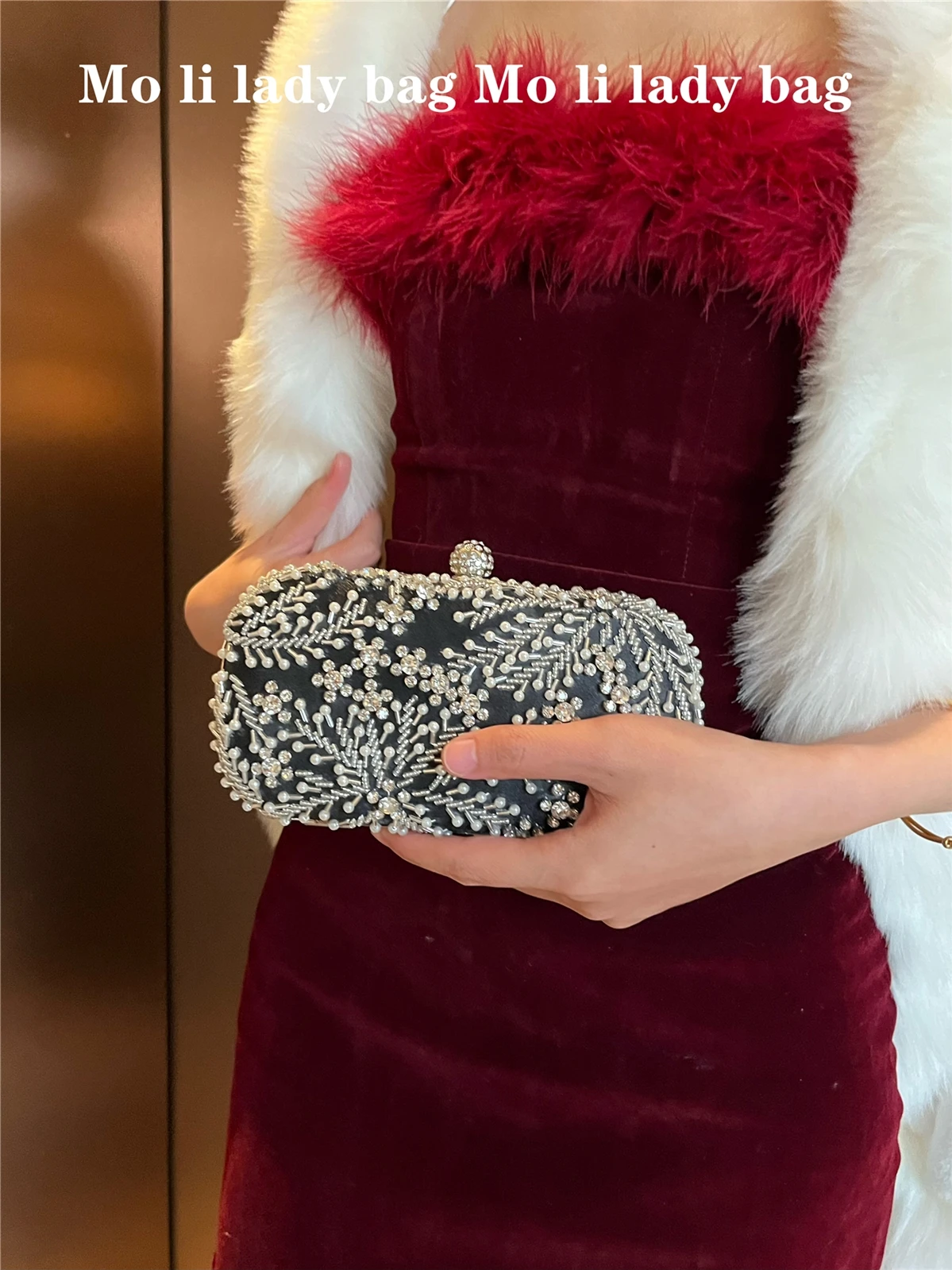 

Pearl And Rhinestone Evening Clutch Bag Women's Flag Dress Handbag Square Box Shape Medium Hardness Pure Color Daily Use