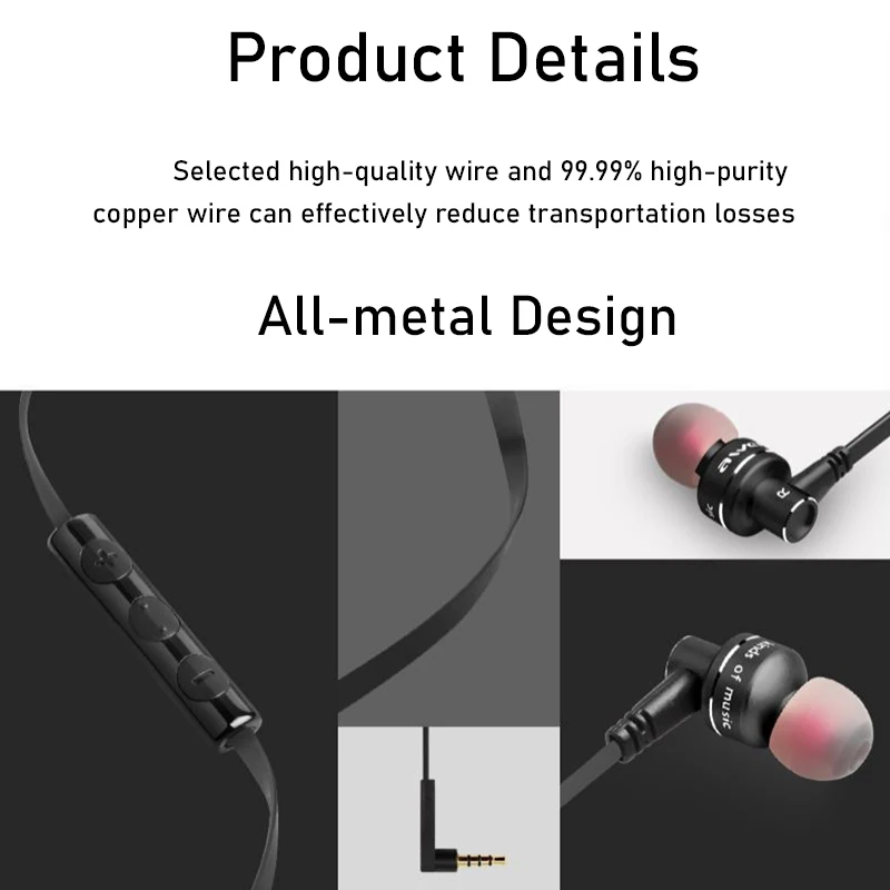 Awei ES-10TY Wired Headphones Super Bass Earbuds Metal 3.5mm Earphone Stereo In-Ear Headset With Mic For iPhone Samsung Phones