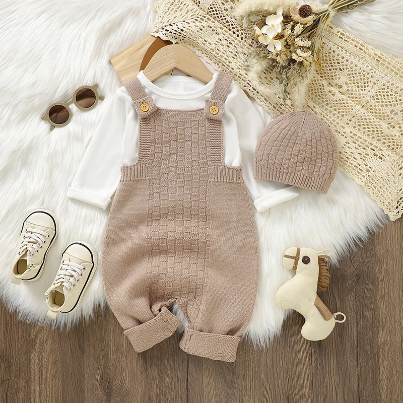 Baby Romper Set Solid Knit Infant Girl Newborn Boy Jumpsuit Sleeveless Toddler Kid Sling Clothes Hat 0-18M Overalls Playsuit 2PC