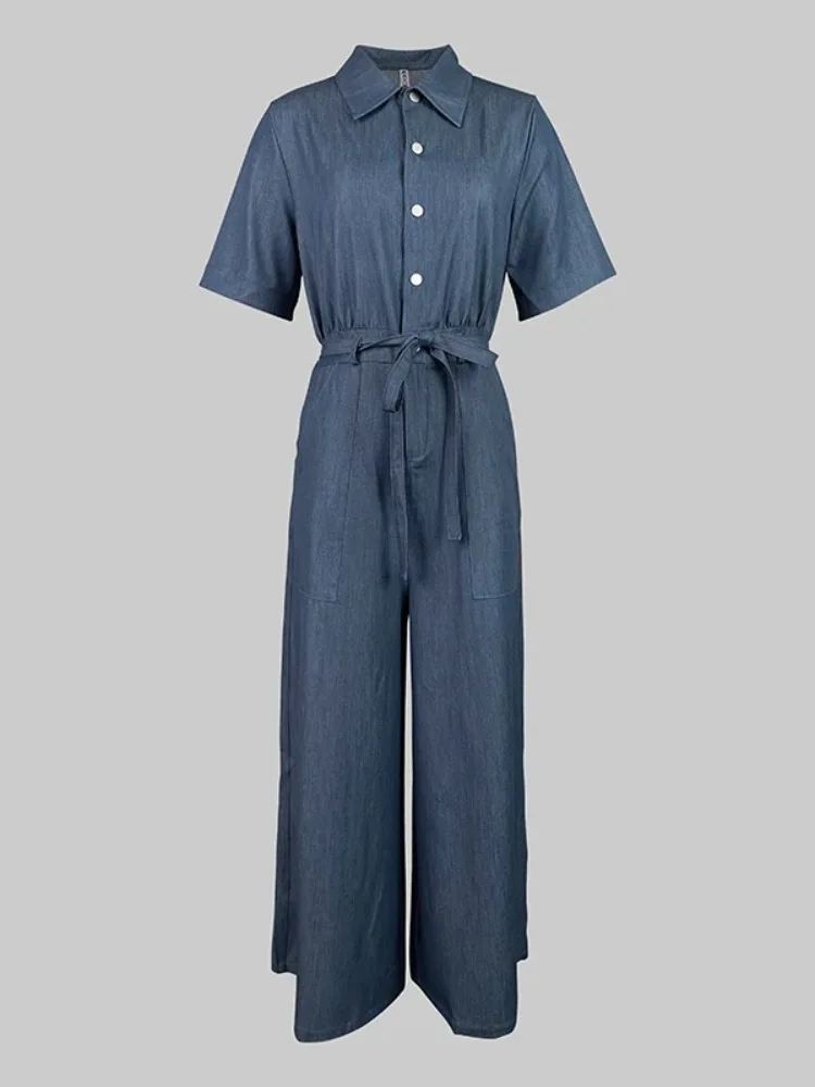 

2026 Women Blue Denim Jumpsuit women's clothing Short Sleeve Button Down Belted Wide Leg Pocket Casual Summer Romper