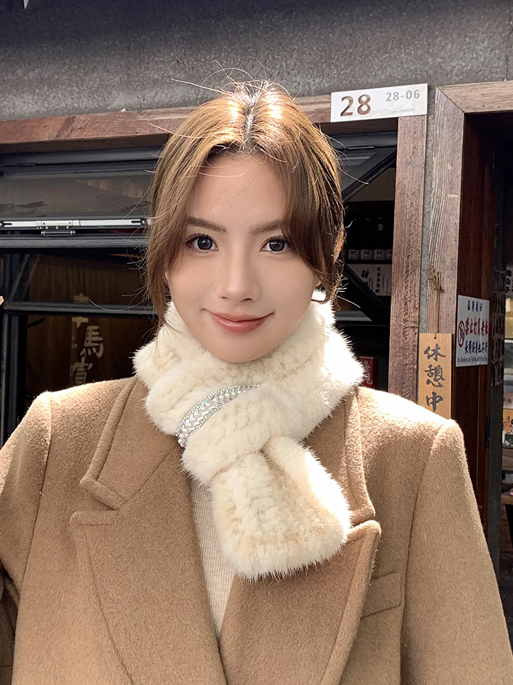 

Natural Mink Fur Collar Winter Shawl Quality Women Warm Double Fur Scarf Shawl Genuine Leather Luxury Female Scarves