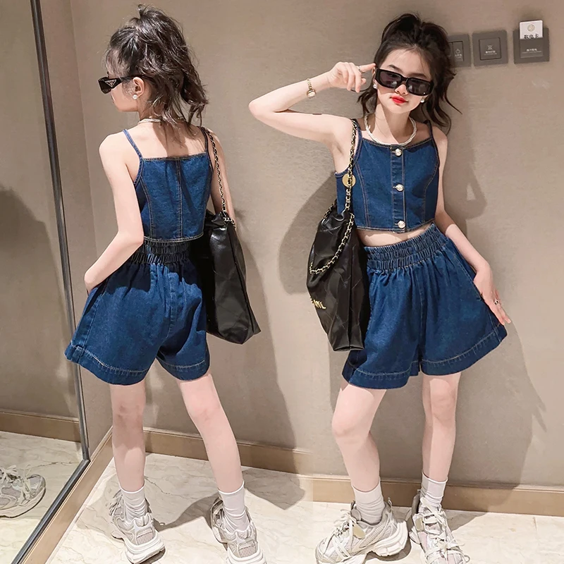 

vetement enfant short fille summer teen girls clothes set short Suspender top+Denim shorts 2pcs 10 12 14 kids suit child outfits