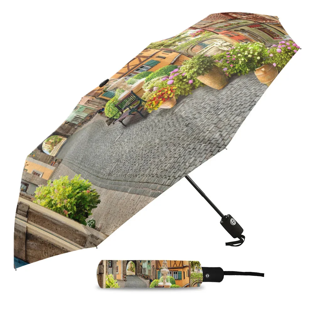 Italy Street House Flowerbed Flowers Creative Umbrella Rain Women Automatic Three Folding Umbrellas Windproof Parasol Parapluie