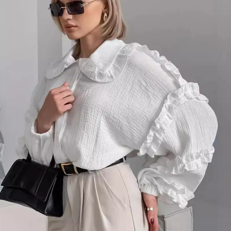 Fashion Women's Cotton Blouse Long Sleeve Autumn Winter Lantern Sleeve Ruffle Accent Loose Fit Chic Top Elegant Everyday Shirt