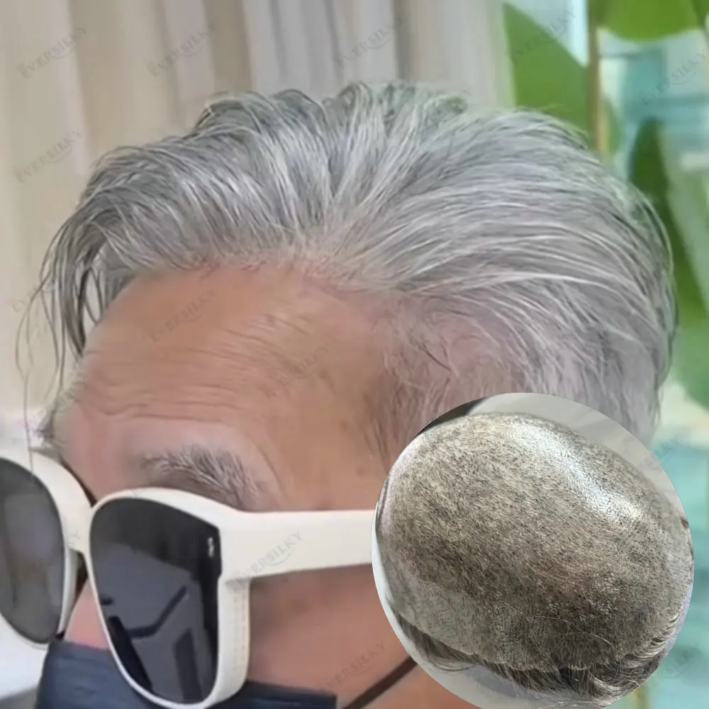 

Мужской шиньон, прочная основа из микрокожи, человеческие волосы, естественная линия волос 1B80, серо-черный мужской парик, незаметная система протезов