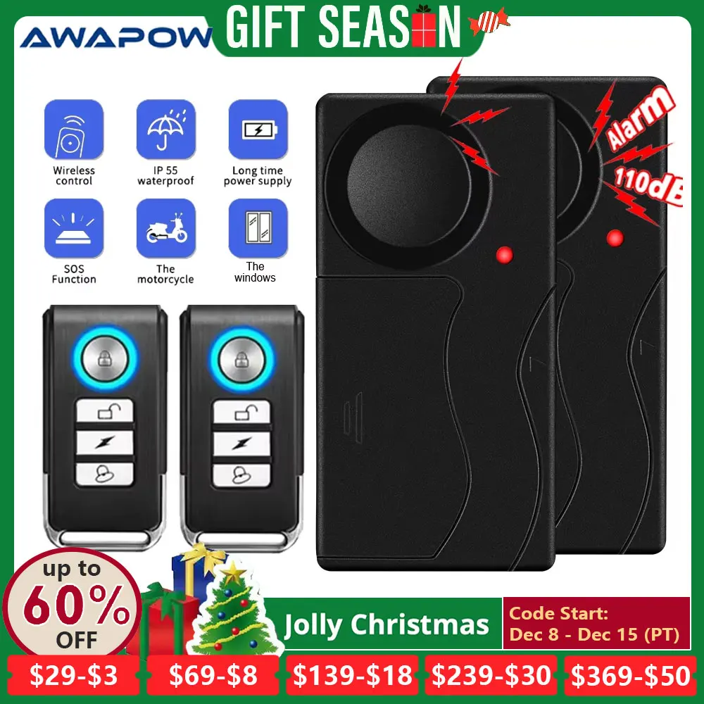 Awapow Wireless Vibration Bike Alarm With Remote Control Anti-Theft Alarm 110dB Loud Bike Door Window Alarm Home Safety System