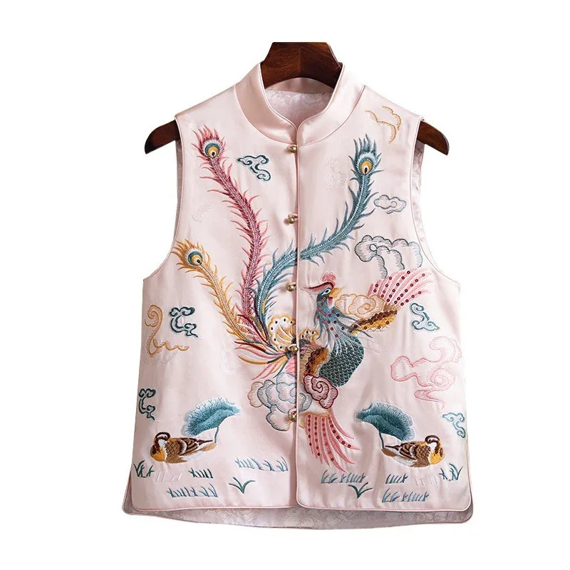 Luxury New Chinese Style Female Vest Satin Phoenix Embroidered Stand Colla Jacket Waistcoat Vintage Elegant Woman Vest Coat