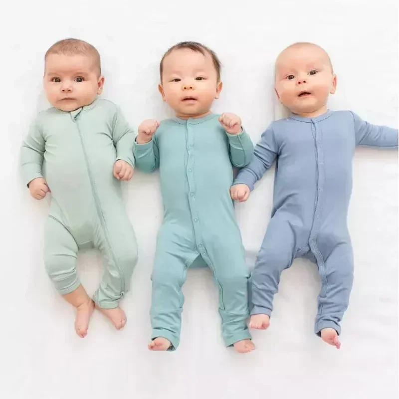 Baby Romper Bamboo Fiber Baby Boy Girl Clothes Newborn Zipper Footies Jumpsuit Solid Long-Sleeve Baby Clothing Pajamas 3 6 9 12M