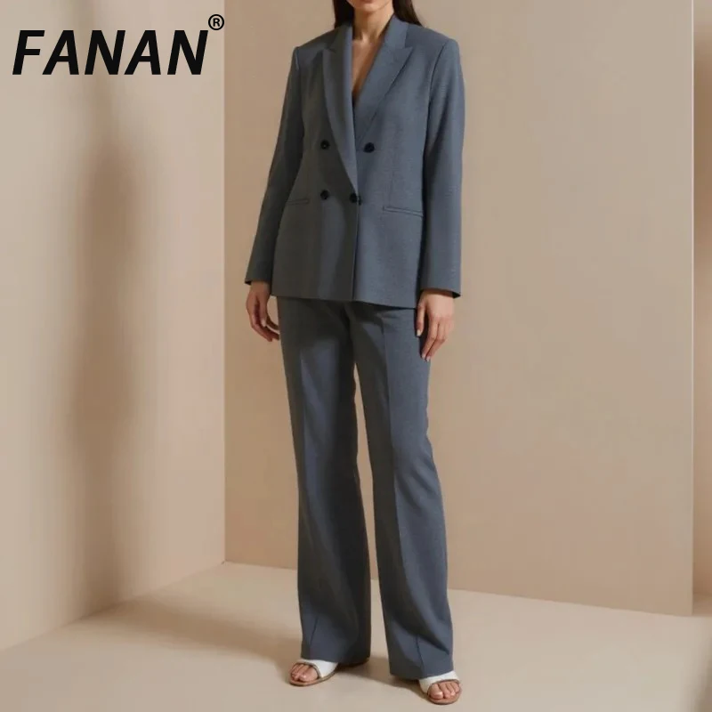 

FANAN женский комплект из 2 предметов, двубортный пиджак с длинными рукавами + прямые широкие брюки с высокой талией, женские летние новинки 2023 г.