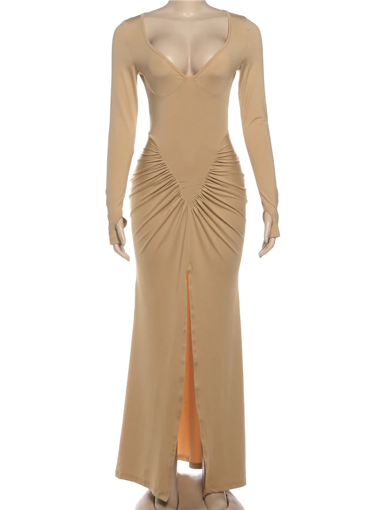 فساتين Kliou Ruched أنيقة طويلة للسيدات للخريف برقبة منخفضة وأكمام طويلة وحاشية منتصف الليل للحفلات الراقصة فساتين أساسية بسيطة