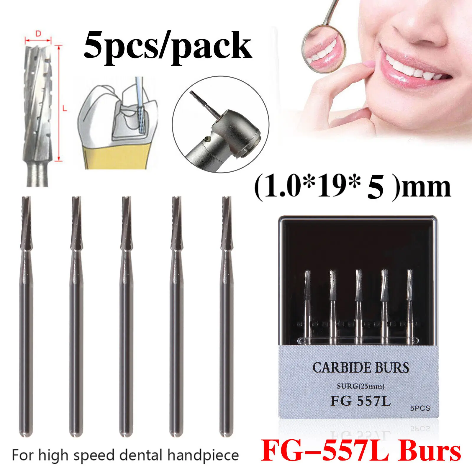 1Box/5PCS Dental Carbide Surgical Length Bur 25mm Friction Grip FG 557L for High Speed