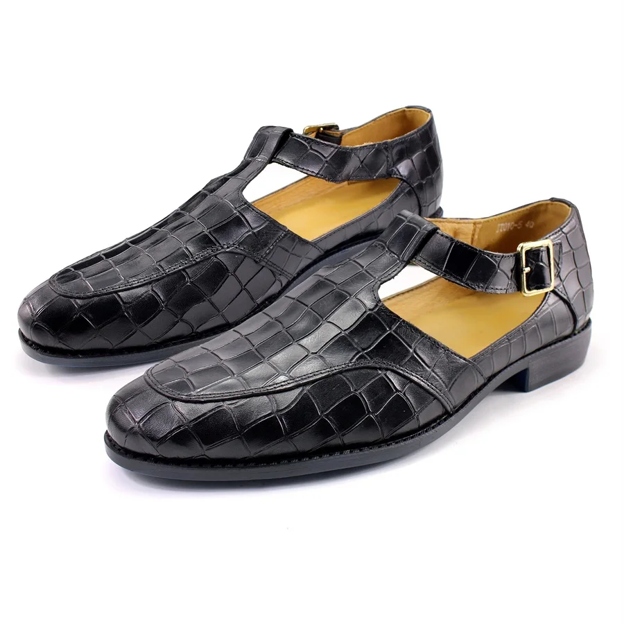 Leather Men's Sandals Checker Textured Hollow Formal Shoes Casual Style Metal Button Sandals Office Men's Shoes Leather  Shoes