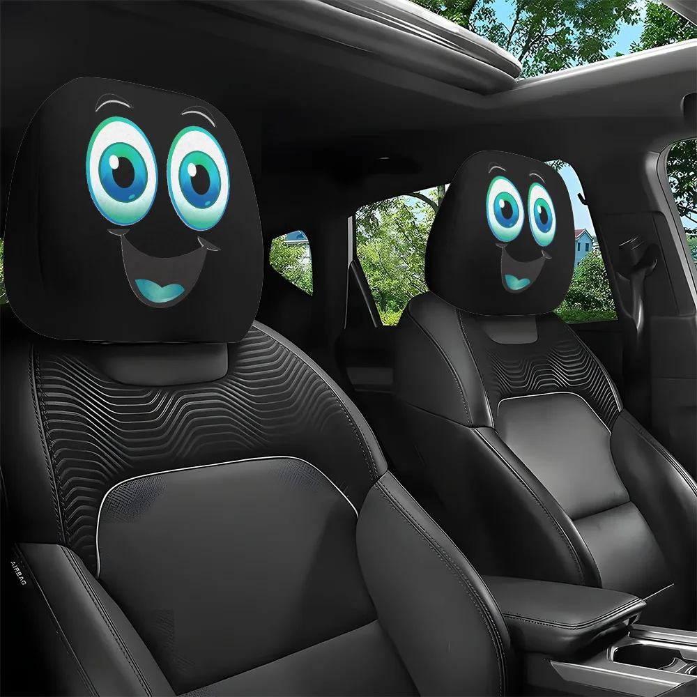 Two-piece cartoon fluorescent big-eye smiley face printed car headrest cover, washable, extendable and easy to install
