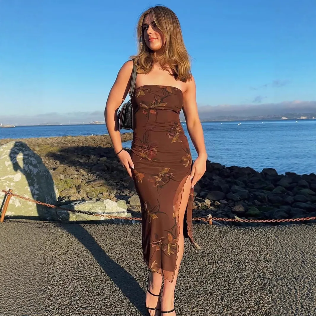 2025 novo americano verão roupas femininas estilo de férias temperamento fino retro impressão sexy tubo superior dividir vestido de dupla camada