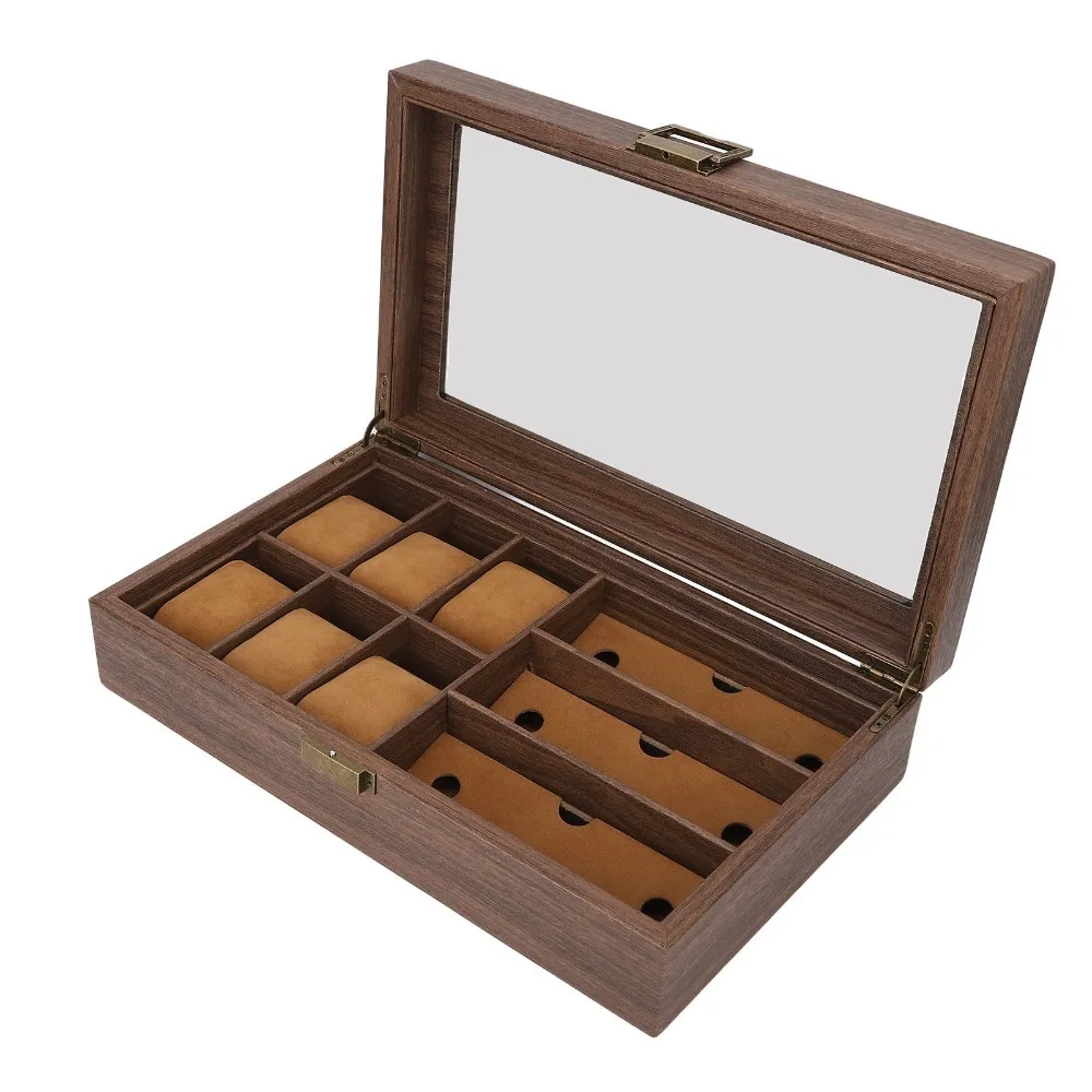 Wood Grain Watch Storage Box Multi Slot Soft Inner Lining Jewelry Organizer Box Metal Latch Transparent Glass Lid
