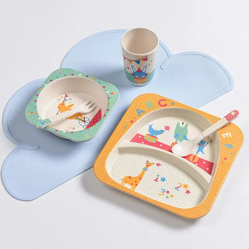 Kids Lunch Box Bamboo Fiber Children\'s Tableware Set Creative Cartoon Bowl Split Dining Plate Spoon Fork Cup 5PCS Set Tableware