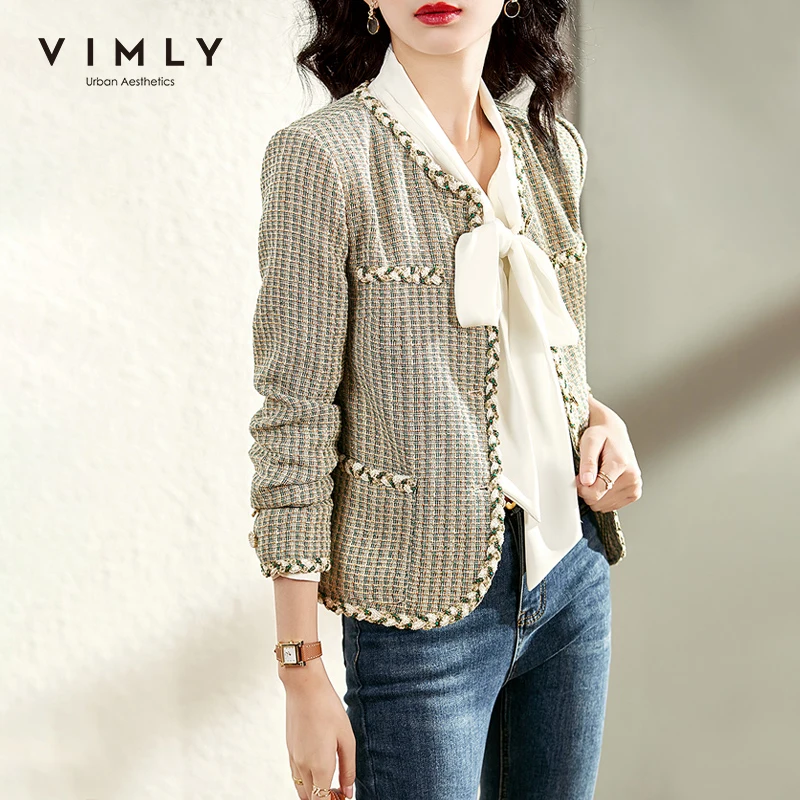 Vimly Short Tweed Jackets for Women 2023 Autumn Winter Korean Fashion Long Sleeve Elegant  Jacket Coat Outerwear Clothes V0813