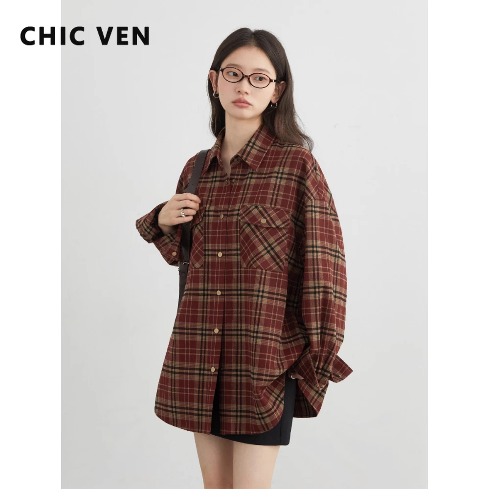 

CHIC VEN Women Shirt Loose Casual Retro Plaid Blouses Sanding Long Sleeved Top for Woman Coat Spring Autumn 2025