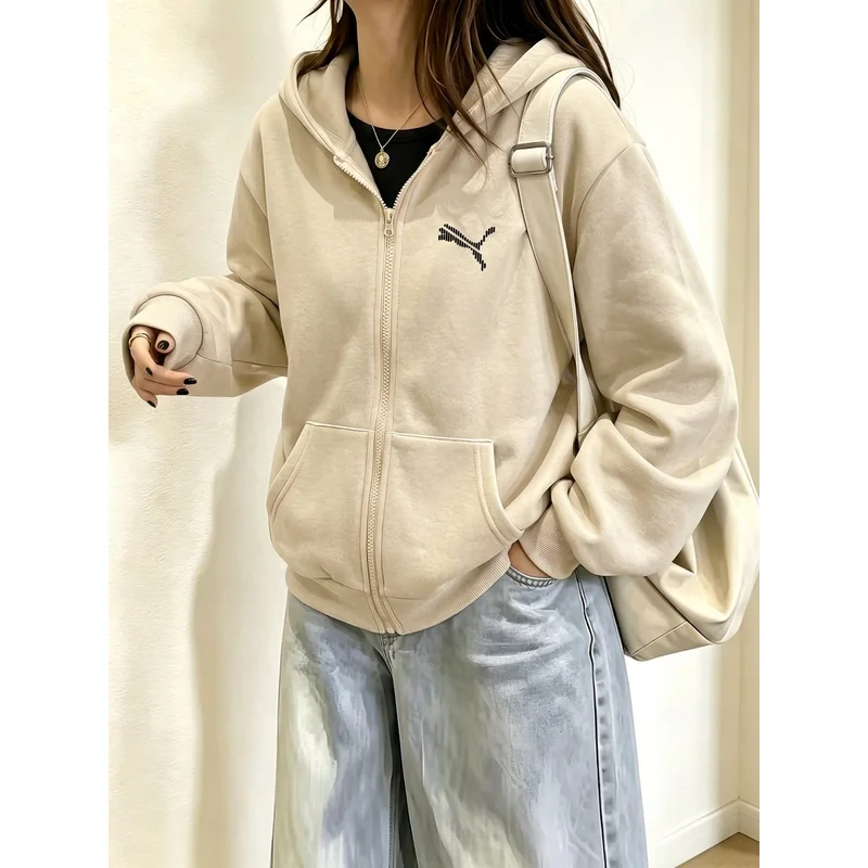 Women Apricot Dotted Line Animal Silhouette Print Zip Up Hoodie Minimal Graphic Full Zip Sweatshirt Kangaroo Pocket Casual Stree