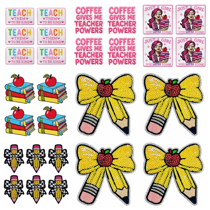 10PCS Wholesale Cartoon Patch Bow Pencil Embroidered Patches Iron On Patches For Clothing Hats Jackets DIY Letter Slogan Patch