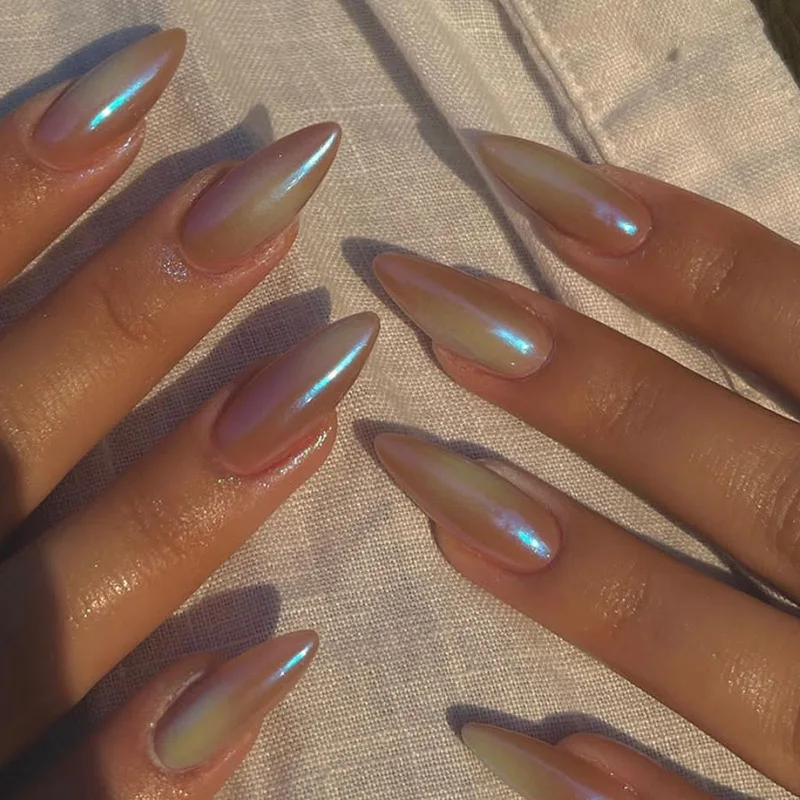 24PCS Aurora Oval Nail Art Gradient Fake Nails Press On Round Nail Tips Acrylic Nail Kits Summer Fantasy Fairy False Nails Decor